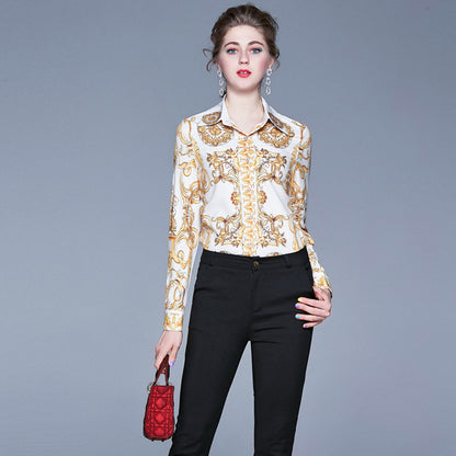 Lapel Print Slim Women's Long Sleeve Shirt