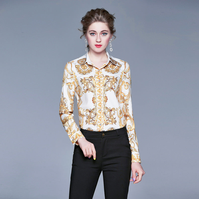 Lapel Print Slim Women's Long Sleeve Shirt