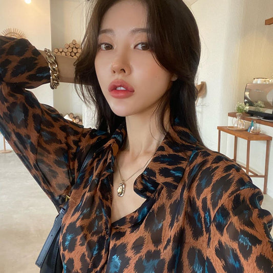 Net Red Polo Leopard Print Chiffon Long-sleeved Temperament Shirt