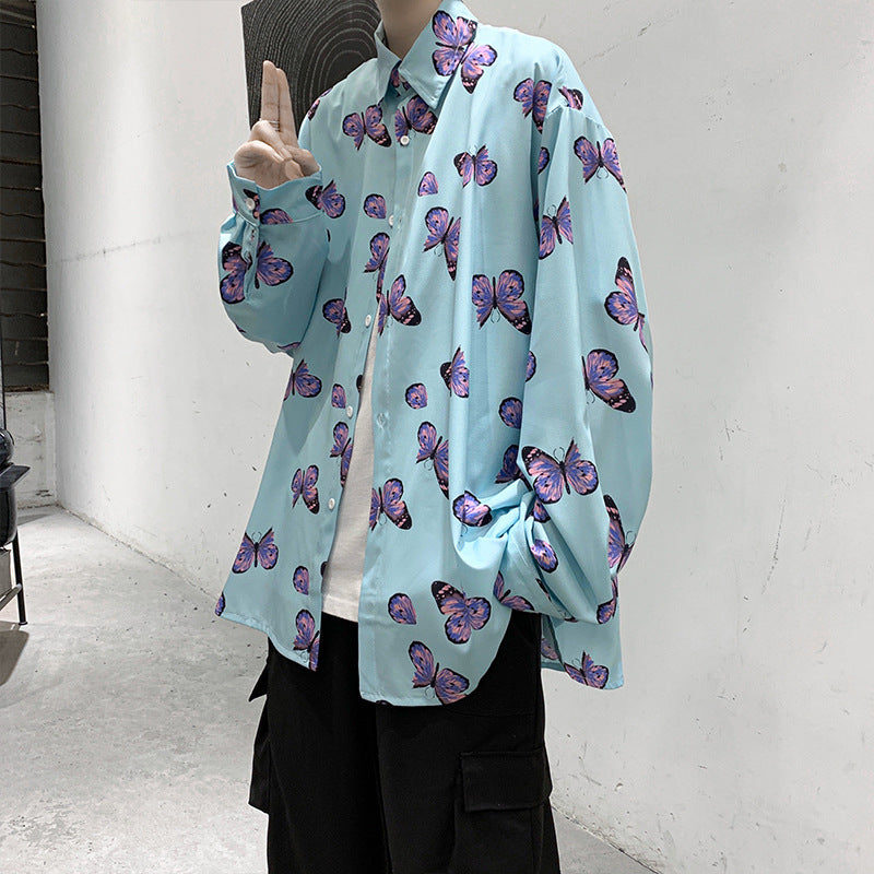 Long-Sleeved Floral Shirt Loose Large Size Printed Stand Collar Top