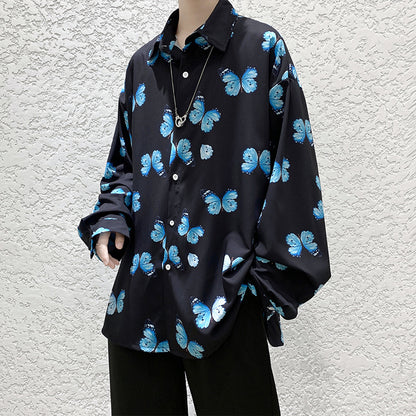 Long-Sleeved Floral Shirt Loose Large Size Printed Stand Collar Top