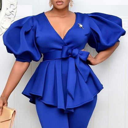 Chemise coupe slim grande taille à volants et manches bouffantes en V profond avec ceinture