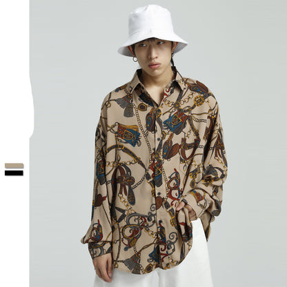 Personalized Chain Print Shirt Men's Ifashion Retro Chiffon Flower Shirt