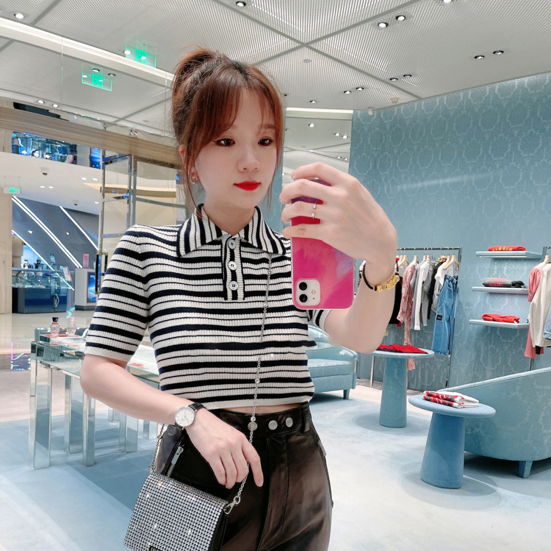 Short Short-Sleeved T-Shirt Knitwear Striped Polp Shirt