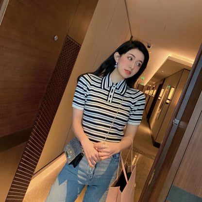 Short Short-Sleeved T-Shirt Knitwear Striped Polp Shirt