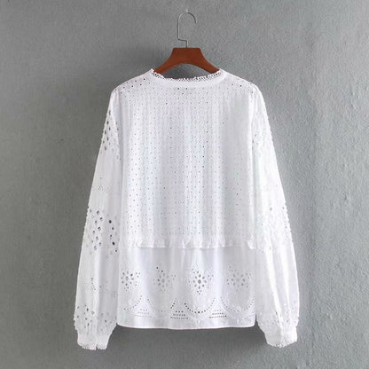 Stand-up Collar Long-sleeved Cut-out Embroidery Laminated Shirt