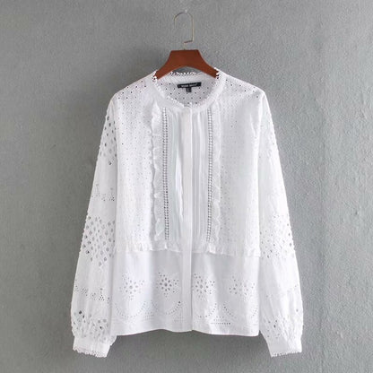 Stand-up Collar Long-sleeved Cut-out Embroidery Laminated Shirt