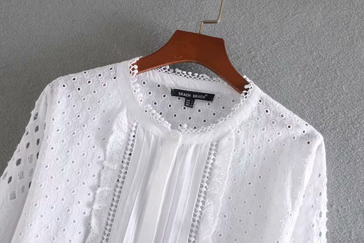 Stand-up Collar Long-sleeved Cut-out Embroidery Laminated Shirt