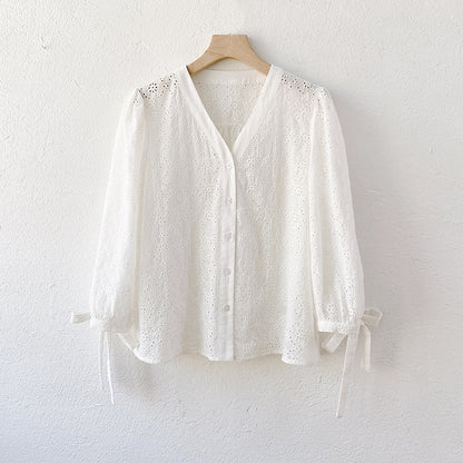 Chemise française brodée en coton blanc pour femme