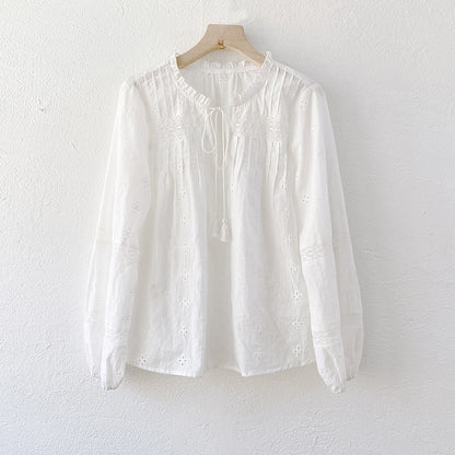 Chemise française manches longues en coton blanc brodé