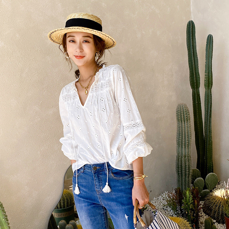 French Shirt Long Sleeve White Cotton Embroidered