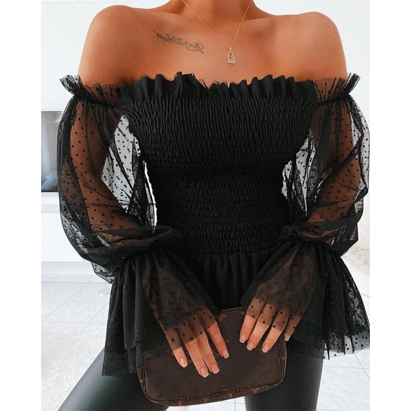 One-shoulder Mesh And Receiving Waist Top