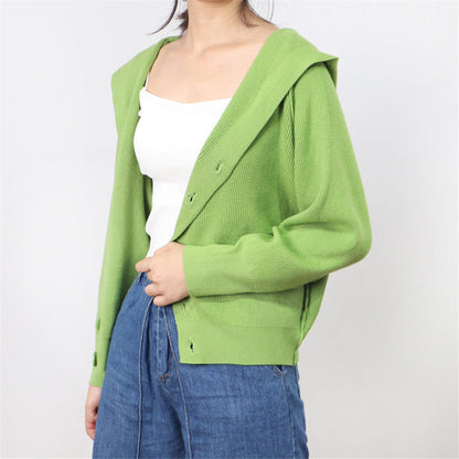 V-neck Knitted Cardigan Women's Thick Hooded Jacket