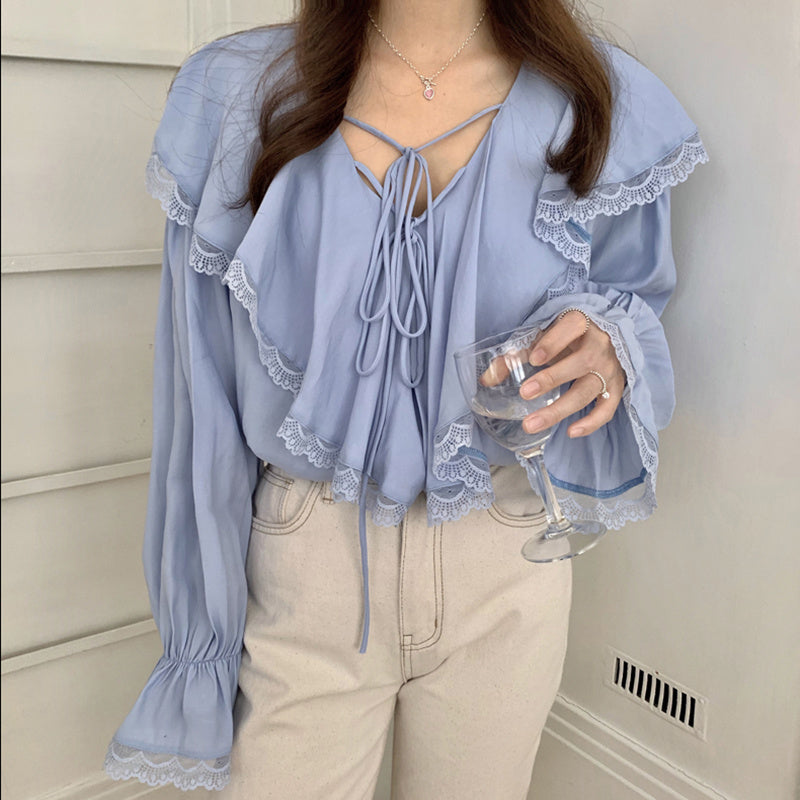 V-Neck Lace Ruffled Lace-Up Chiffon Shirt