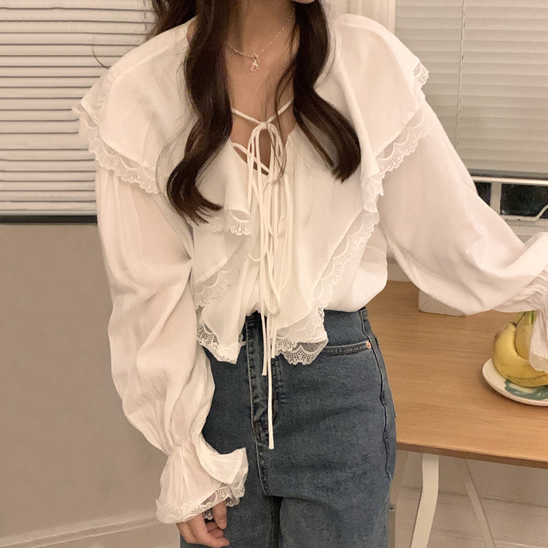 V-Neck Lace Ruffled Lace-Up Chiffon Shirt