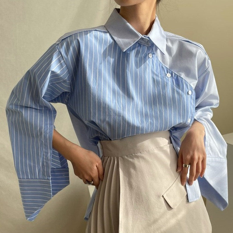 All-Match Lapel Stripe Contrast Irregular Shirt