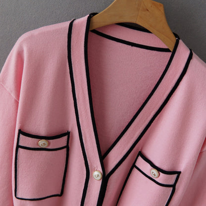 Cárdigan Chaqueta de punto de manga larga rosa Todo fósforo Casual