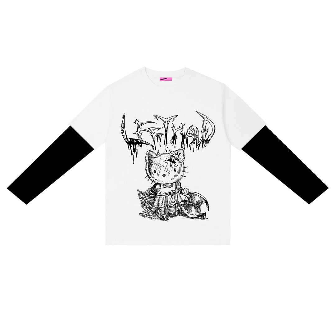 Punk Loose Long-Sleeved Striped Fake Two Cartoon Dark T-Shirts