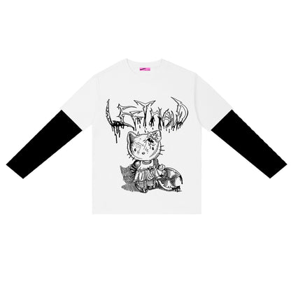 Punk Loose Long-Sleeved Striped Fake Two Cartoon Dark T-Shirts