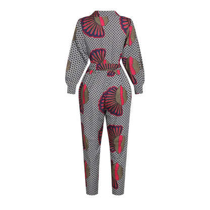 Women's V-neck Autumn Long-sleeved Jumpsuit African Style Cropped Trousers