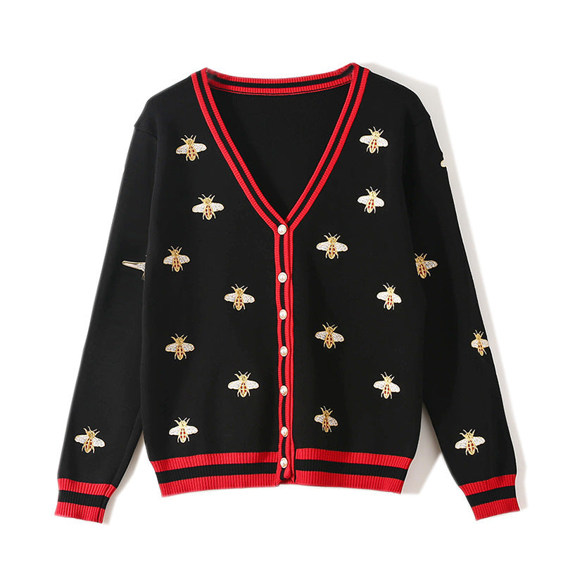 Knitted Cardigan Women's Bee Embroidery Loose Air-conditioning Shirt