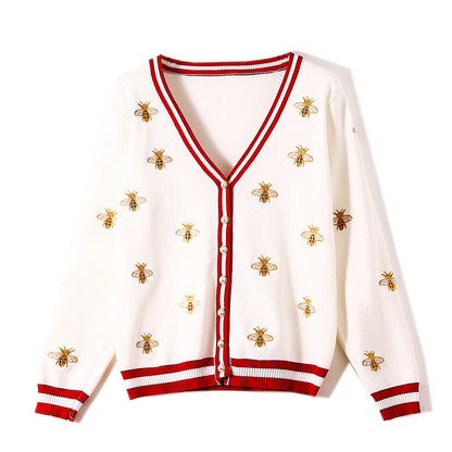 Knitted Cardigan Women's Bee Embroidery Loose Air-conditioning Shirt