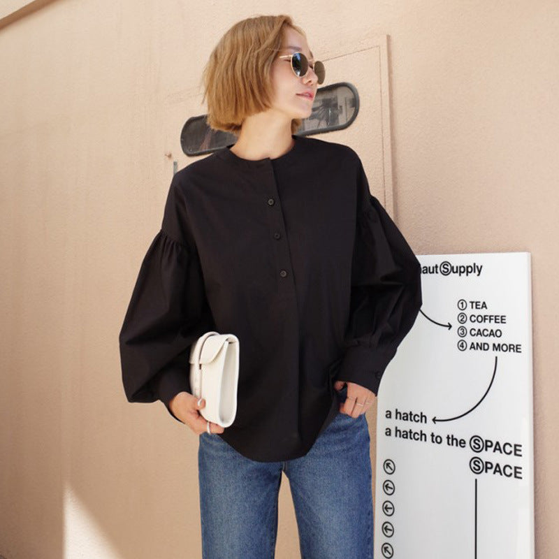 New Solid Color Hedging White Shirt Women's Mid Length Loose Casual Lantern Sleeve Shirt