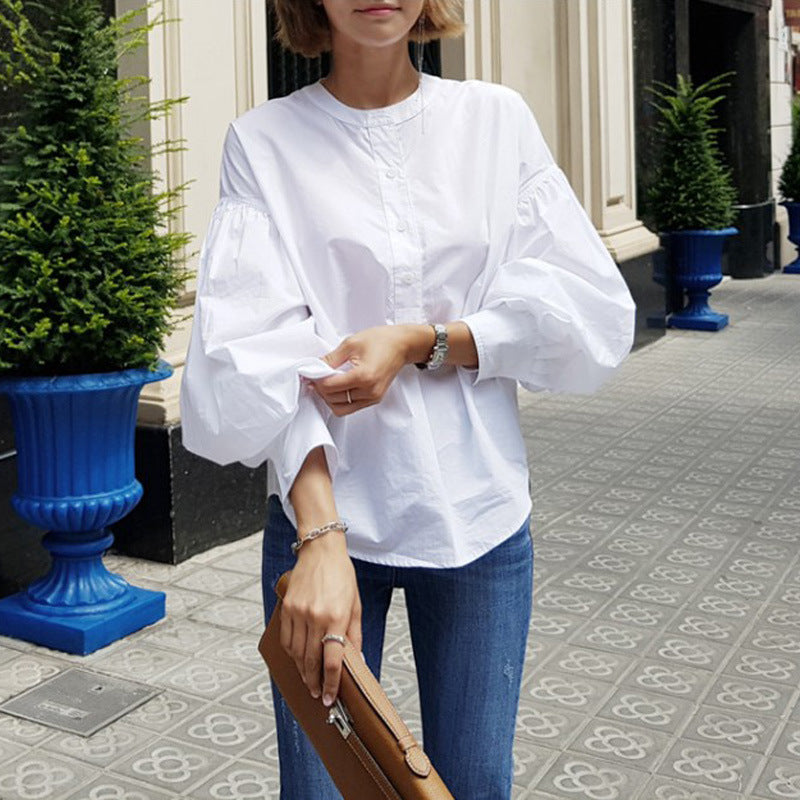 New Solid Color Hedging White Shirt Women's Mid Length Loose Casual Lantern Sleeve Shirt