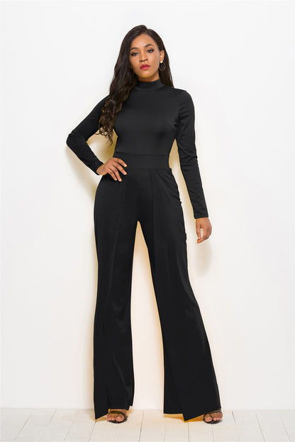 Fashion Round Neck Long Sleeve Wide Leg Jumpsuit