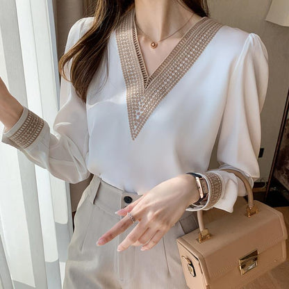 Chemise blanche à manches longues pour femme en dentelle à col en V