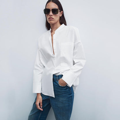 Chemise en popeline blanche avec poches pour femmes à la mode