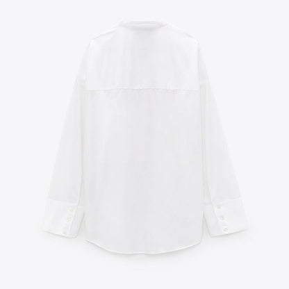 Fashionable Women's White Poplin Shirt With Pockets