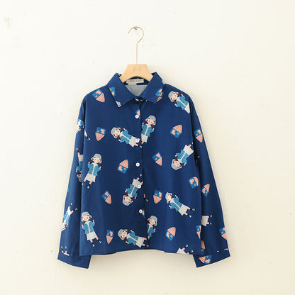 College Girl Print Dark Blue Chiffon Shirt