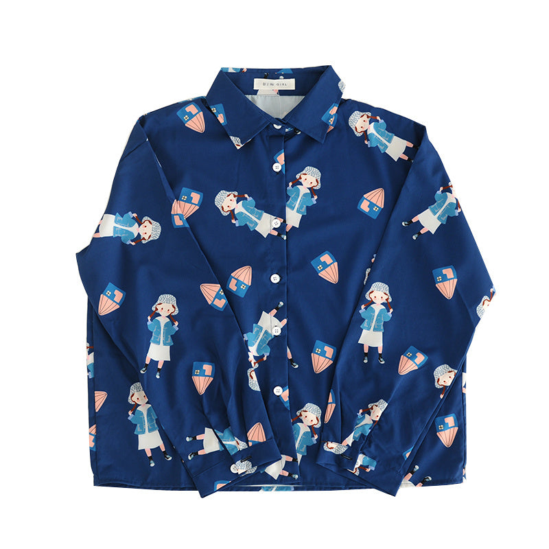 College Girl Print Dark Blue Chiffon Shirt