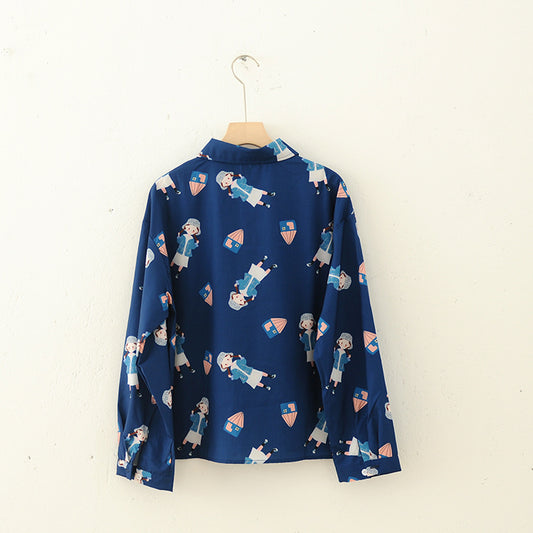 College Girl Print Dark Blue Chiffon Shirt