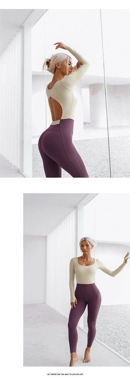 All-in-One Splicing Fitness Suit Long Sleeve Elastic Beauty Back Shaped Ballet Dance Suit