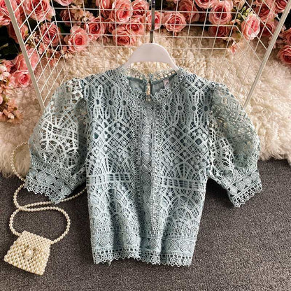 Puff Sleeve Water-Soluble Crochet Hollow Lace Shirt Short Sleeve Pure Color Sweet Temperament All-Match Age-Reducing Cropped Top Women