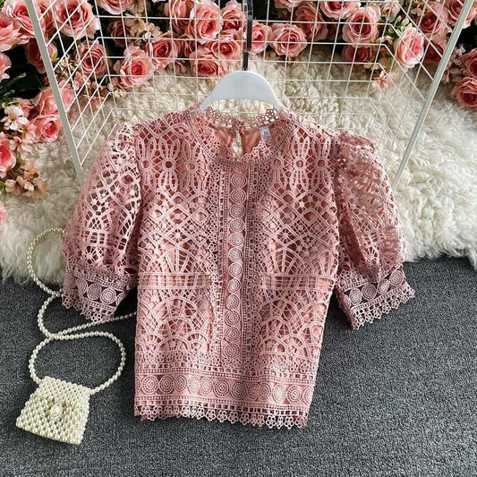 Puff Sleeve Water-Soluble Crochet Hollow Lace Shirt Short Sleeve Pure Color Sweet Temperament All-Match Age-Reducing Cropped Top Women