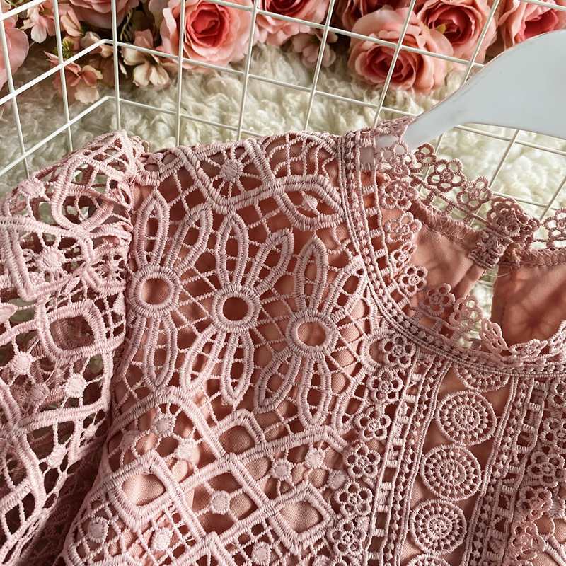 Puff Sleeve Water-Soluble Crochet Hollow Lace Shirt Short Sleeve Pure Color Sweet Temperament All-Match Age-Reducing Cropped Top Women