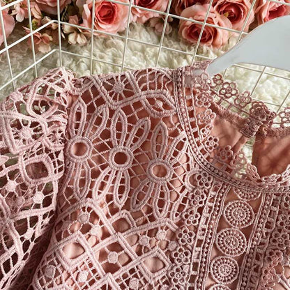 Puff Sleeve Water-Soluble Crochet Hollow Lace Shirt Short Sleeve Pure Color Sweet Temperament All-Match Age-Reducing Cropped Top Women