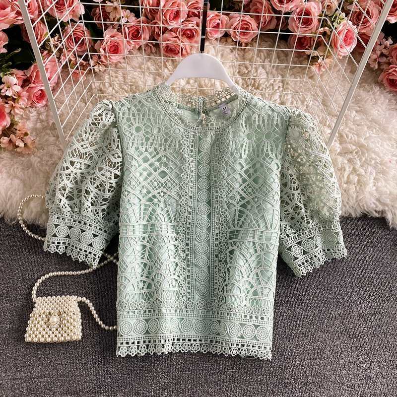 Puff Sleeve Water-Soluble Crochet Hollow Lace Shirt Short Sleeve Pure Color Sweet Temperament All-Match Age-Reducing Cropped Top Women