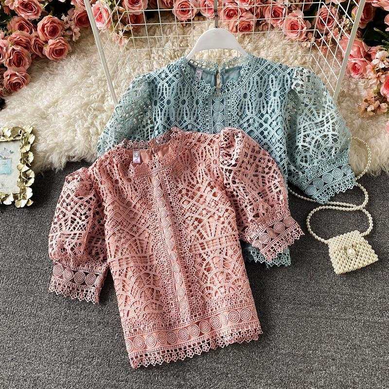 Puff Sleeve Water-Soluble Crochet Hollow Lace Shirt Short Sleeve Pure Color Sweet Temperament All-Match Age-Reducing Cropped Top Women