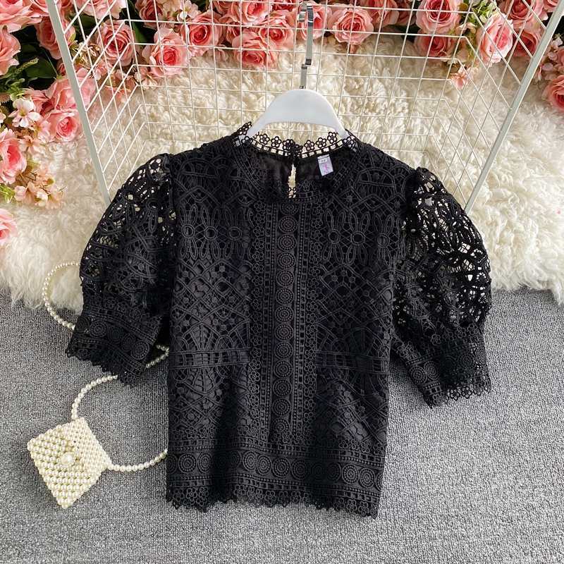 Puff Sleeve Water-Soluble Crochet Hollow Lace Shirt Short Sleeve Pure Color Sweet Temperament All-Match Age-Reducing Cropped Top Women