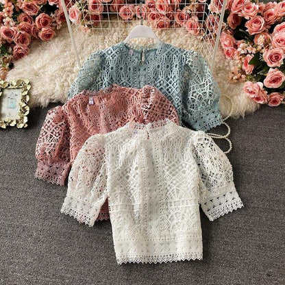 Puff Sleeve Water-Soluble Crochet Hollow Lace Shirt Short Sleeve Pure Color Sweet Temperament All-Match Age-Reducing Cropped Top Women