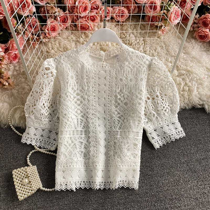 Puff Sleeve Water-Soluble Crochet Hollow Lace Shirt Short Sleeve Pure Color Sweet Temperament All-Match Age-Reducing Cropped Top Women