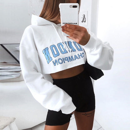 Explosión Estilo Otoño Sudadera Con Capucha De Manga Larga Mujer Crop Top Blanco