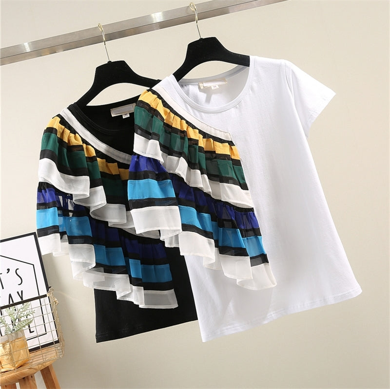 Stitching Half-sleeved T-shirt With Ruffled Simple Short-Sleeved Pure Loose