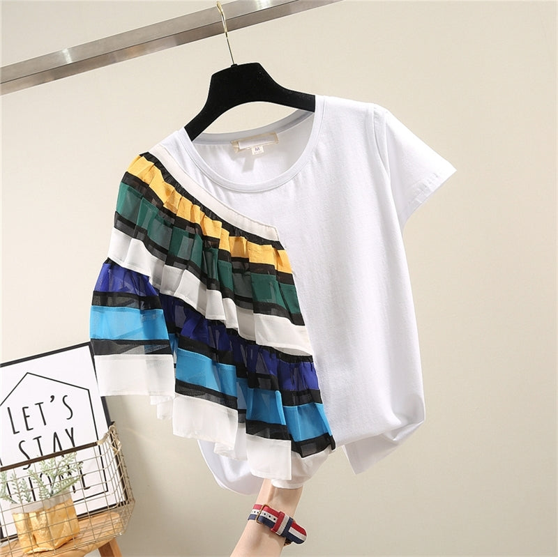 Stitching Half-sleeved T-shirt With Ruffled Simple Short-Sleeved Pure Loose