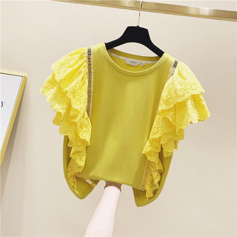 Lace Stitching Ruffled Cotton Short Sleeves