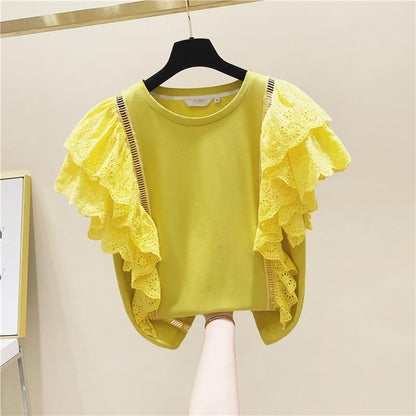 Lace Stitching Ruffled Cotton Short Sleeves